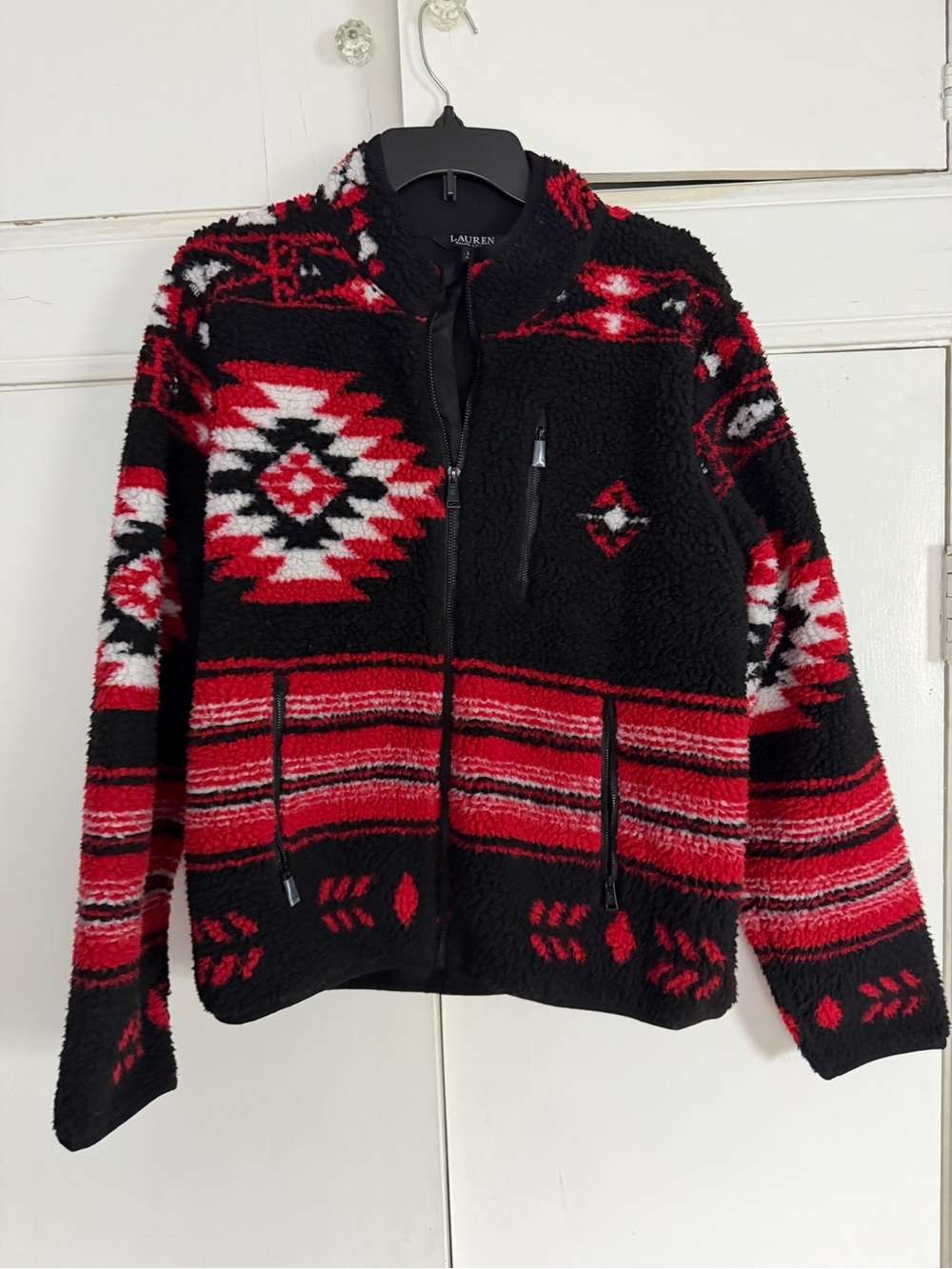Lauren Ralph Lauren Black Sherpa Jacket with Red Accents